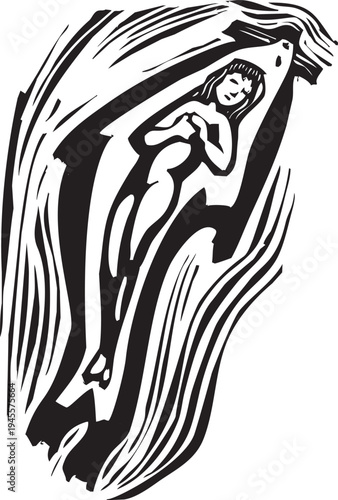 Woodcut style image of a mythical selkie seal woman