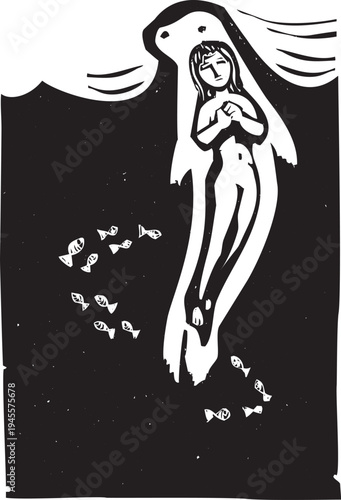 Woodcut style image of a mythical selkie seal woman