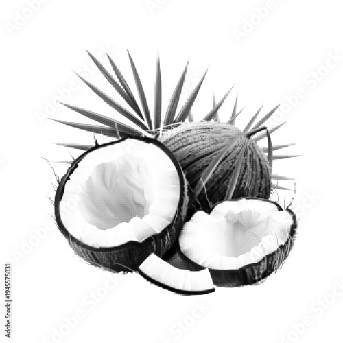 Tropical coconut with cut halves and palm leaves in halftone style isolated on white background. Exotic fruit illustration symbolizing summer, tropical food, freshness and natural ingredient.