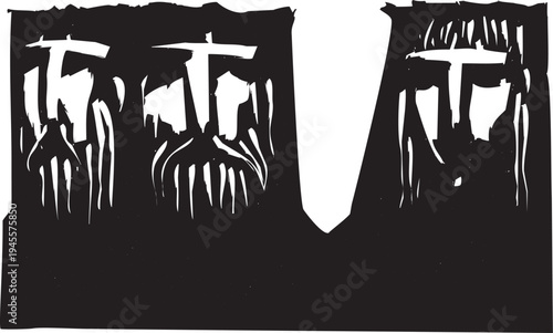 Woodcut style image of three hooded people who are two men and a woman