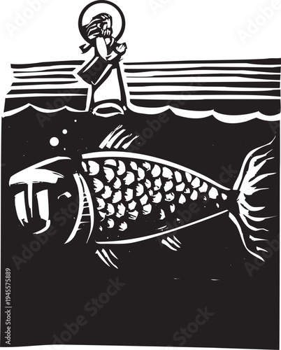  Woodcut style image of Christ Walking on Water