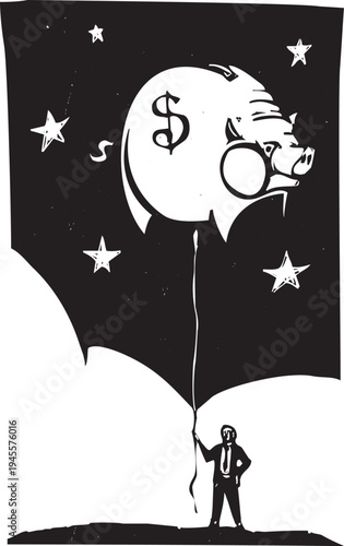 Woodcut style image of  aman holding a giant piggy bank balloon