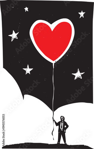 Woodcut style image of a man holding a heart shaped balloon