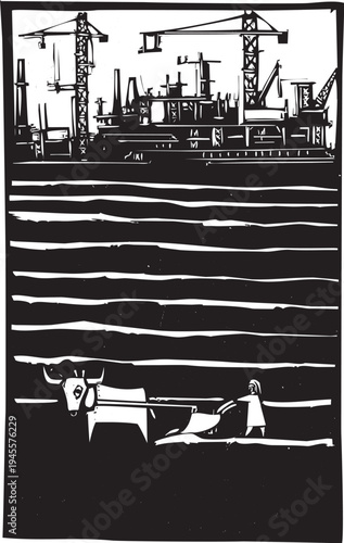 Woodcut style image of a man plowing a field with an ox while signs of industry are in the background