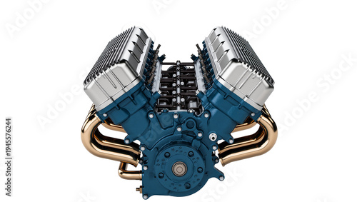 Cuadro en lienzo Isolated powerful V8 engine block with shiny metal exhaust manifolds and cylinde