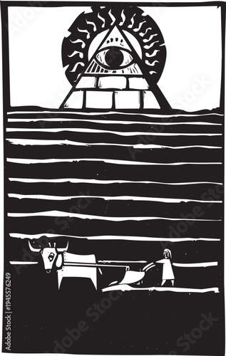 Woodcut style image of a man plowing a field being watch by the monetary eye of providence