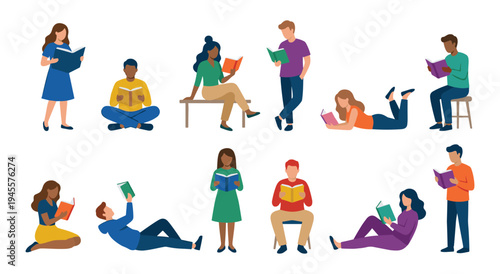 People enjoying leisure time, reading various books in different comfortable positions