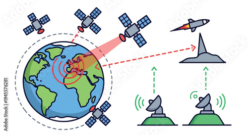 Flat 2D illustration of a missile defense concept with satellites and radar systems orbiting the Earth, showcasing a global security network against a clean white background.