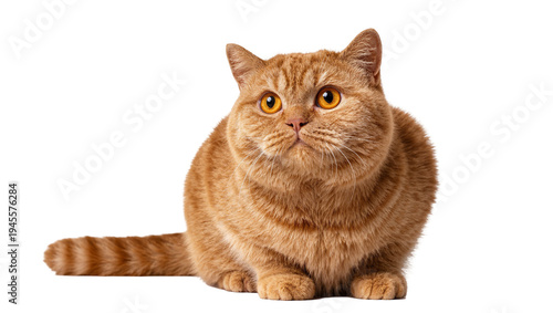 Fotografía Isolated cute fluffy orange British Shorthair cat sitting, looking forward with