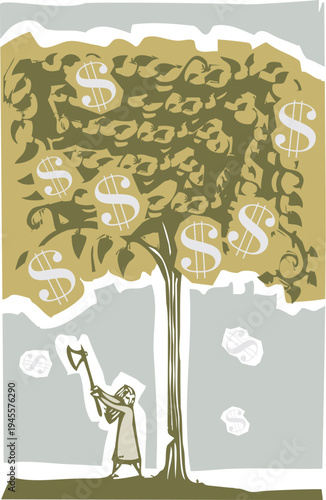 Woodcut style image of a woman chopping down a tree with the monetary eye of providence on it 