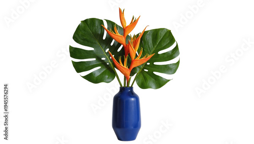 Quadro su tela Isolated tropical arrangement with vibrant Bird of Paradise flowers and monstera