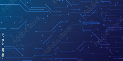 Blue circuit board design with electronic chip components and data lines creating futuristic tech pattern on dark digital background. Digital technology