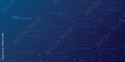 Blue circuit board design with electronic chip components and data lines creating futuristic tech pattern on dark digital background. Digital technology