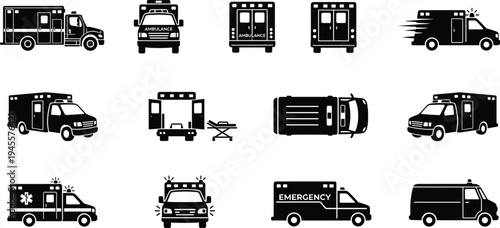 Professional Emergency Ambulance Icon Set Featuring Various Medical Response Vehicles Rescue Vans and Patient Transport Silhouettes