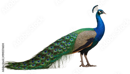 Tablou pe pânză Isolated magnificent colorful male peacock with long iridescent tail feathers st