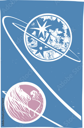 Woodcut style image of early space race space ships orbiting the earth and moon