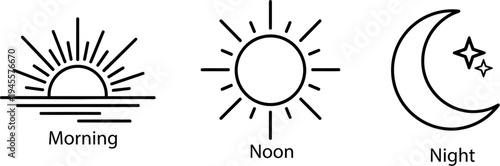 Set of time of day icons representing morning sunrise, noon sun, and night moon with stars in line art style