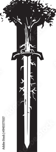 Woodcut style image of an oak tree growing from the hilt of a sword