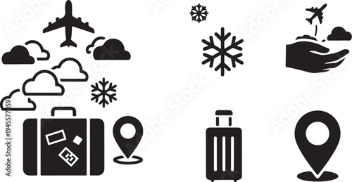 Travel and winter vacation icons in black and white
