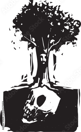 Woodcut fantasy image of a tree with a face sinking its roots in to a the skull of a dead man