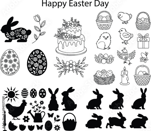 A delightful collection of various black and white Easter holiday illustrations including bunnies, eggs, chicks, and baskets