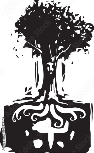 Woodcut style image of a tree spirit with a face in the bark