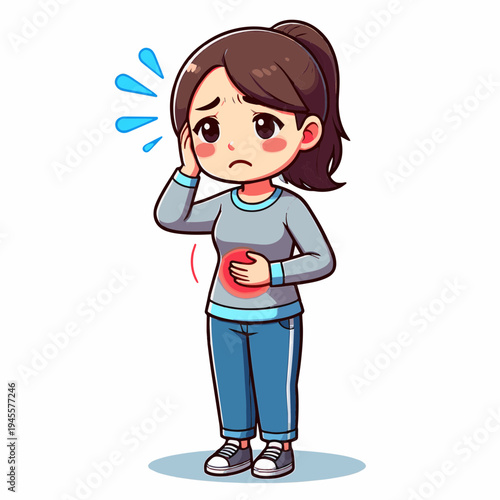 Woman feeling unwell with a headache and stomach ache