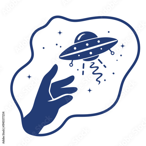 Minimalistic blue vector illustration depicting a human hand reaching for a flying saucer. Futuristic science fiction concept. Symbolizes contact with aliens. Flat design suitable for posters, sticker