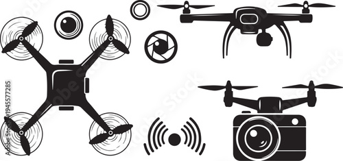 Drone Camera Icons and Symbols in Black and White
