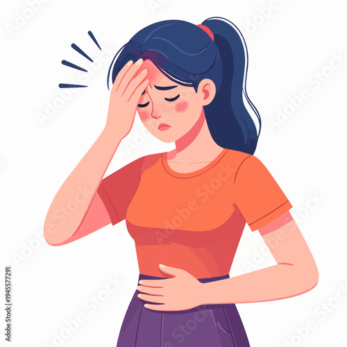 Woman feeling unwell with headache and stomach ache