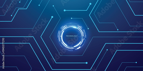 Futuristic circular portal with luminous circuit patterns radiating on digital tech backdrop. Blue neon frame featuring HUD interface, cyber elements, and electronic board aesthetics.