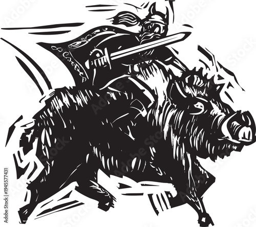 Woodcut style image of the Norse God Frey riding his boar