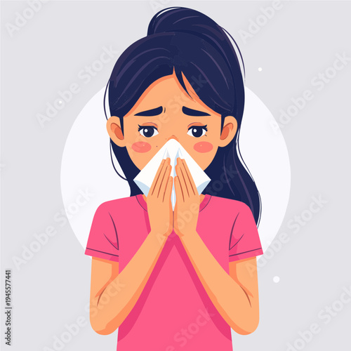 Unwell young woman suffering from a common cold, blowing her nose with a white tissue