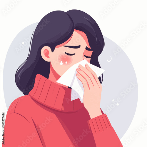 An illustrated woman with dark hair and a red sweater blowing her nose into a white tissue, appearing unwell with red cheeks.