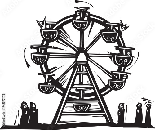 Woodcut style image of a circus ferris wheel.