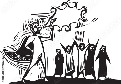 Woodcut style image of a man in a devil costume blowing fire at a circus