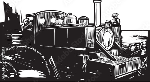 Woodcut style image of a WW1 light rail train running by the trenches at the front.