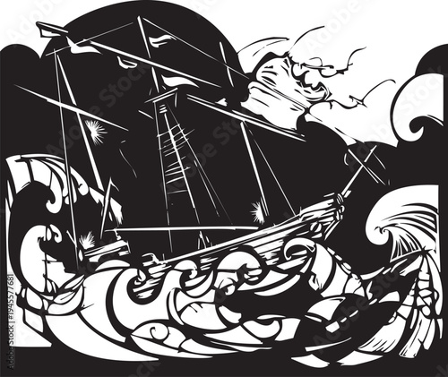 Woodcut style image of a wooden sailing ship sinking in storm tossed seas