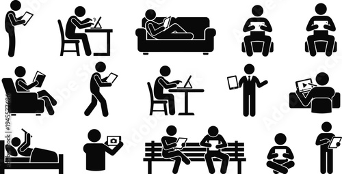 Professional Tablet and iPad Usage Icon Set Featuring People Reading Browsing Working on Sofa and Mobile Device Interaction Silhouettes