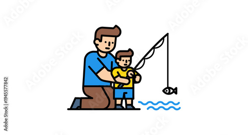 Father and Son Fishing Together Illustration.