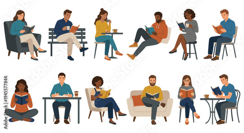 Diverse people engaging in reading activity indoors in various comfortable settings