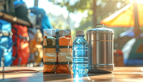 Essential outdoor gear including a durable waterproof roll-top bag, a filled water bottle, and a metal container, prepared for an adventure.