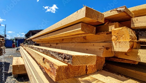 Freshly cut pine wood lumber, neatly stacked in a bustling outdoor lumberyard, gleaming under the bright midday sun against a clear blue sky, awaiting various construction and woodworking projects.
