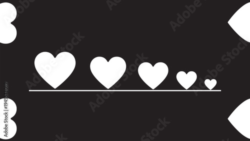 White Hearts in Descending Size on Black Background with Subtle Side Elements with Social Media with Graphic Design