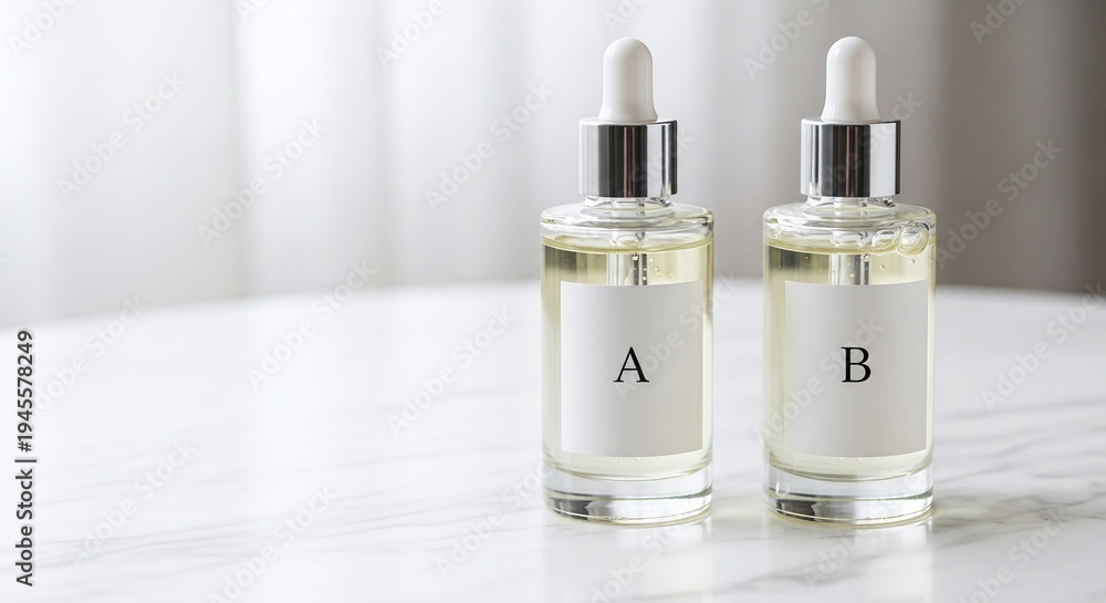 Naklejka premium Two Skincare Bottles Labeled A and B on Marble Table Cosmetic Comparison Concept