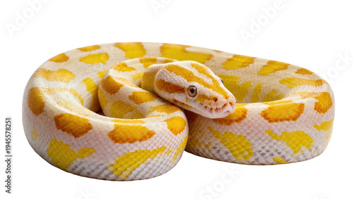 Konstfotografi Isolated albino python with striking yellow and white patterns, exotic coiled pe