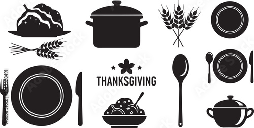 Black and white Thanksgiving dinner table setting icons collection