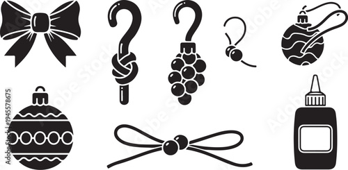 Black and white Christmas ornaments and decorations icons set