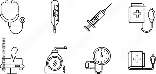 Medical Instruments and Health Equipment Icons Including Stethoscope, Thermometer, Syringe, Blood Pressure Monitor, and Defibrillator.