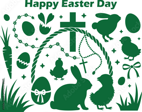 Green silhouettes wishing Happy Easter Day with religious and spring symbols